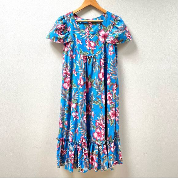 Royal Hawaiian Creations Dresses & Skirts - Vintage Hawaiian Muumuu Royal Hawaiian Blue Floral Midi Dress Women's Large
